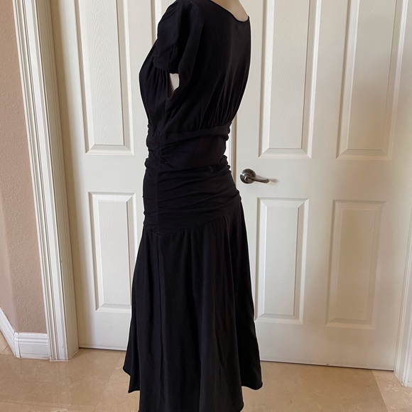 Velvet Deep V, Short Sleeve, Rusched Waist, Midi Dress Black L - Picture 2 of 4